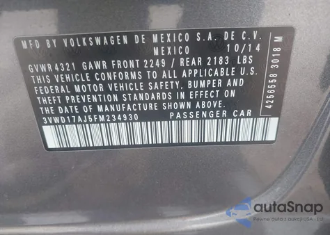 2015 Volkswagen Jetta 1.8T Se z USA, uszkodzony, nr VIN 3VWD17AJ5FM234930